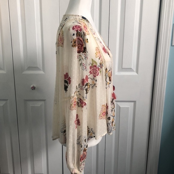 Zara Floral Embroidered Tie Front Sheer Blouse With Pom Pom Tassels Size Small - Picture 10 of 12